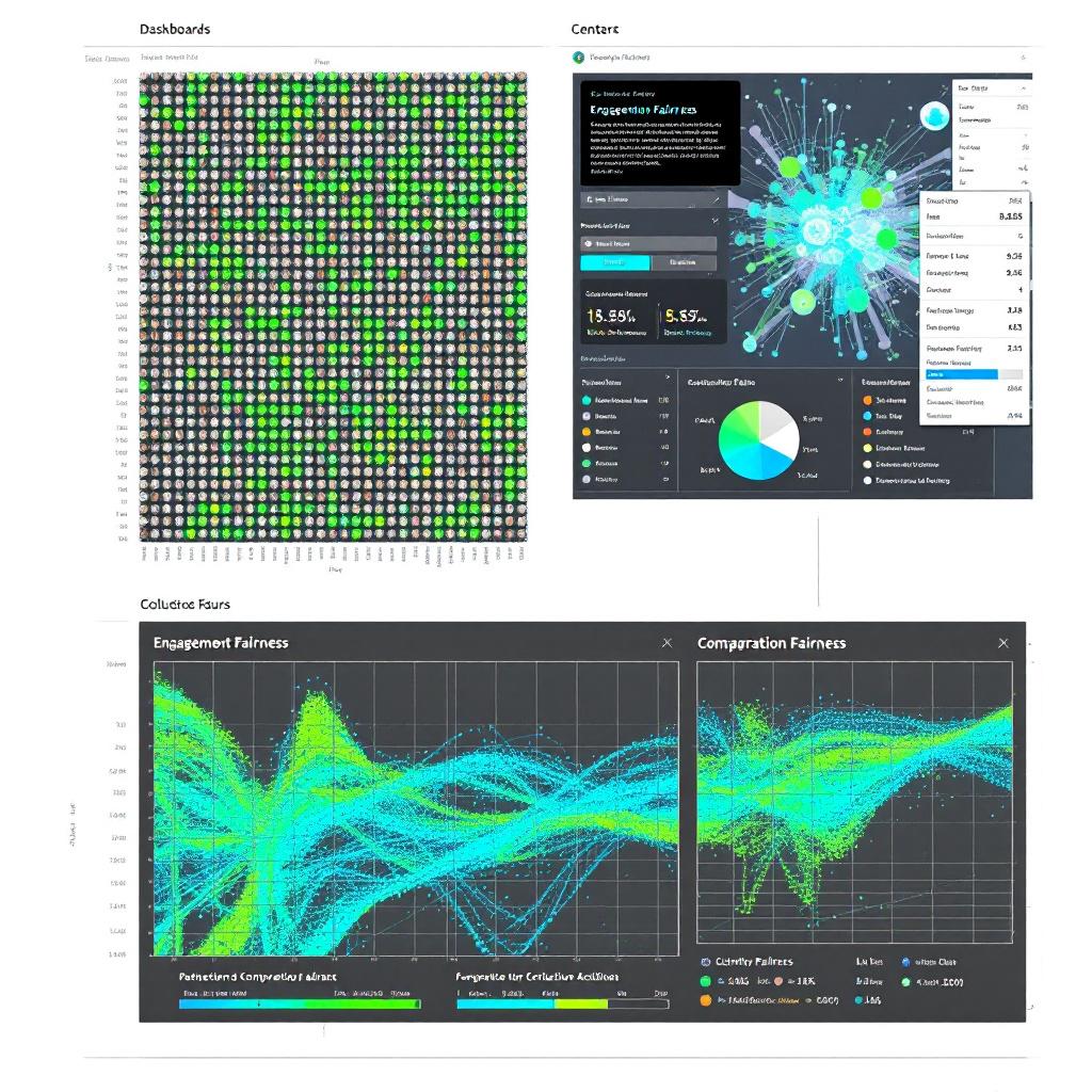 'Dashboards' 제목 아래 왼쪽에는 녹색과 회색 점들로 이루어진 히트맵 매트릭스가 있고, 오른쪽에는 'Engagement Fairness' 중앙 네트워크 시각화와 통계 패널이 있으며, 하단에는 'Engagement Fairness'와 'Comparison Fairness' 두 개의 청록색 웨이브 차트가 있는 종합 데이터 분석 대시보드