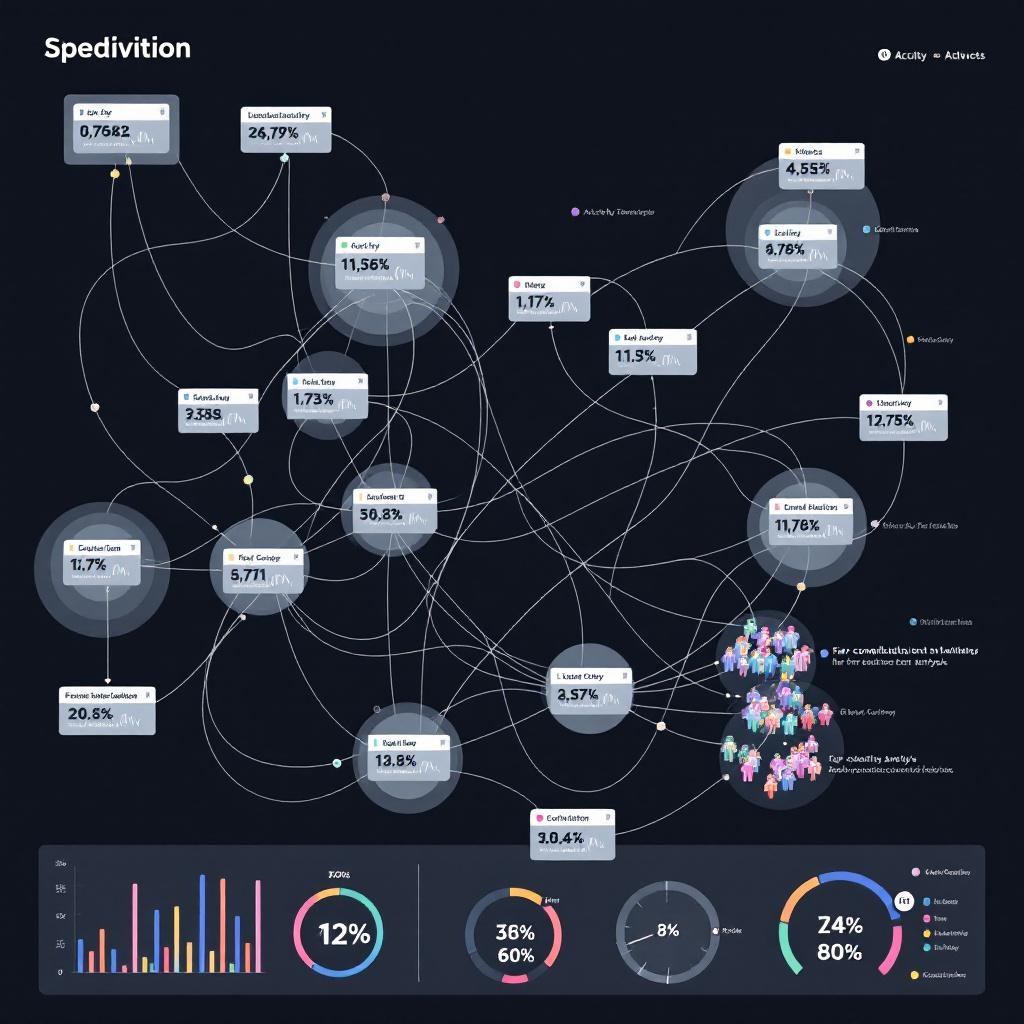 'Spedivition' 제목의 어두운 배경에 다양한 크기의 원형 노드들이 복잡하게 연결된 네트워크 다이어그램으로, 각 노드에는 백분율이 표시되어 있고 오른쪽 하단에는 사람들 아이콘이 있으며, 하단에는 막대 차트와 도넛 차트들이 있는 복잡한 데이터 관계 시각화