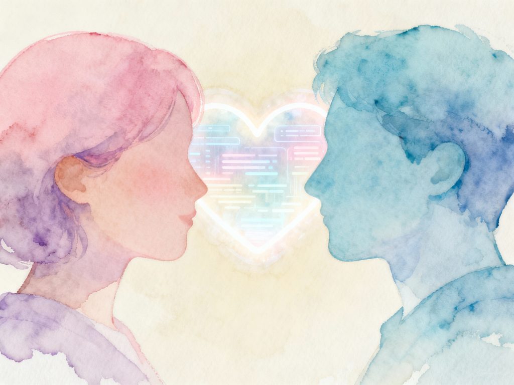 두 인물이 마주보며 사랑을 상징하는 하트 배경