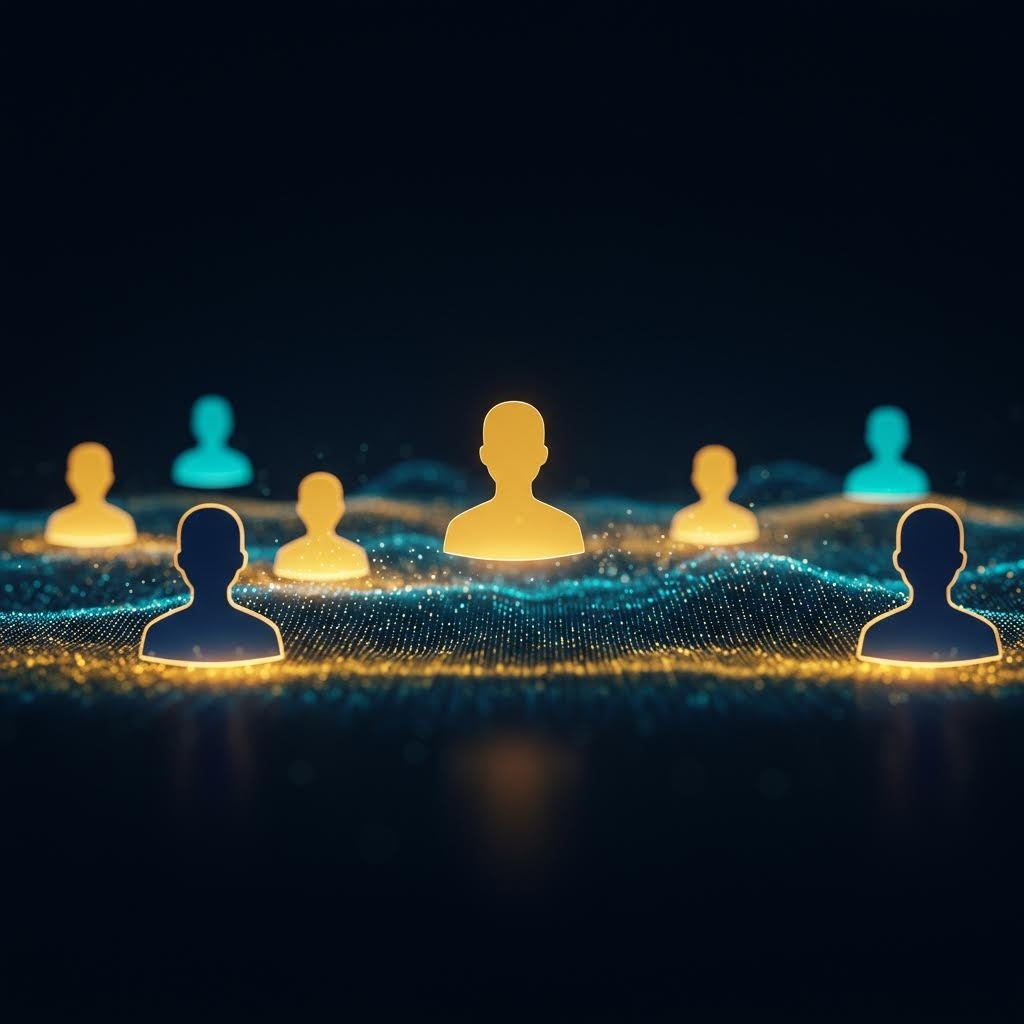 디지털 네트워크 위에서 연결된 사람 아이콘들