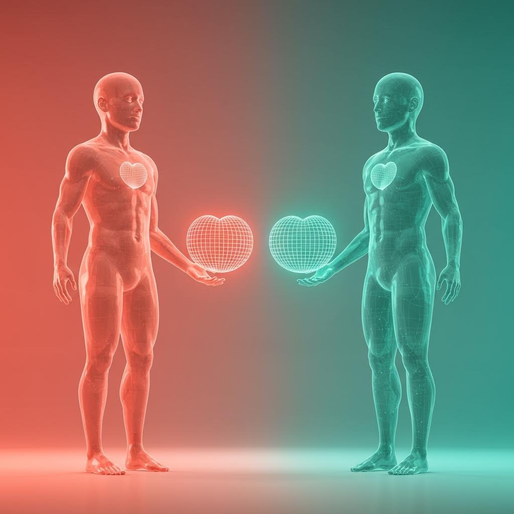 가상 인간 두 명이 빛나는 심장을 교환하는 장면