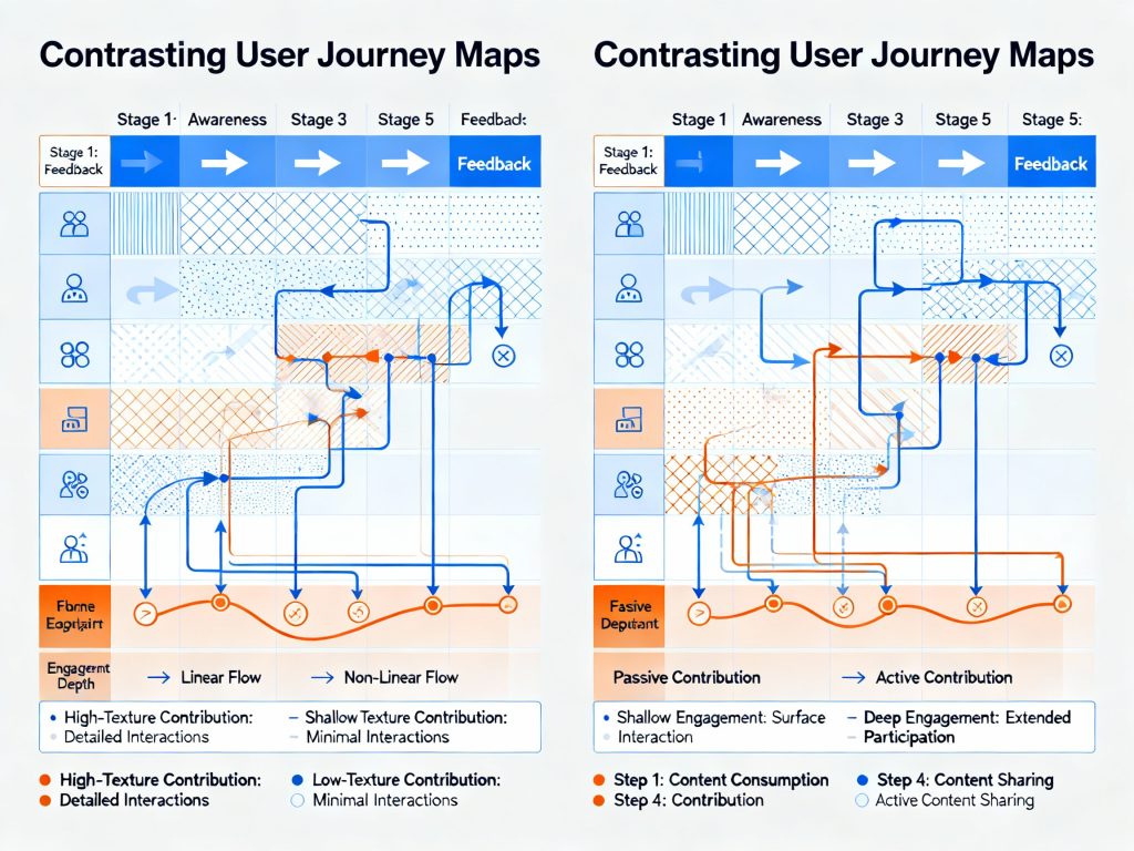 'Contrasting User Journey Maps' 제목으로 두 개의 나란한 여정 지도가 있으며, 각각 Stage 1부터 Stage 5까지의 단계와 사용자 아이콘들, 그리고 파란색과 주황색 경로 흐름이 표시된 사용자 경험 여정 비교 다이어그램