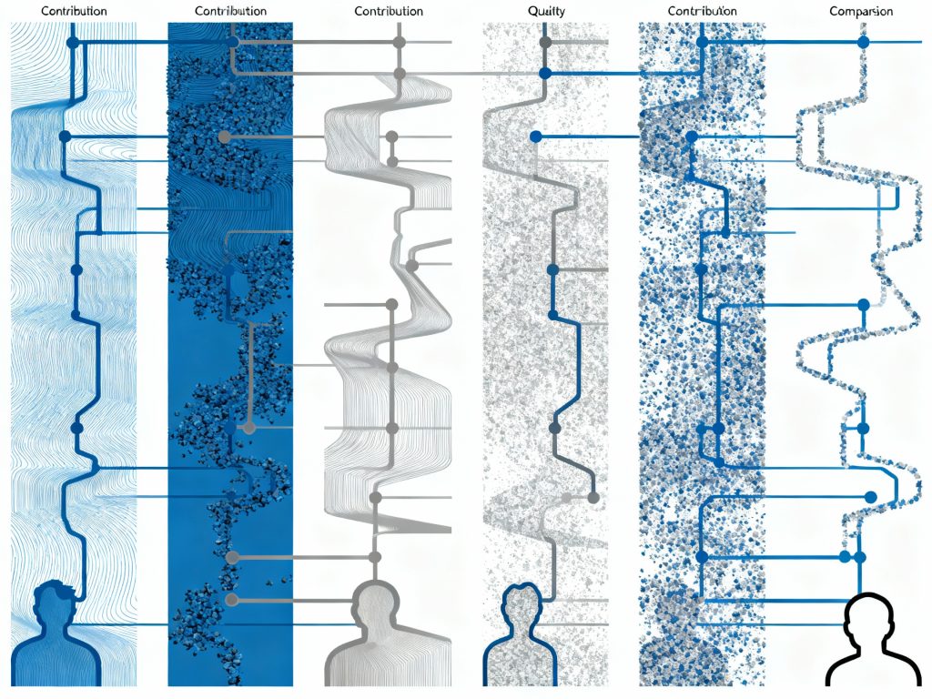 'Contribution', 'Quality', 'Comparison' 라벨이 있는 6개의 세로 섹션으로 구성되어 있으며, 각 섹션에는 서로 다른 텍스처와 패턴(선, 점, 파동 등)이 있고 하단에는 실루엣 인물들이 배치된 추상적 데이터 기여도 분석 시각화
