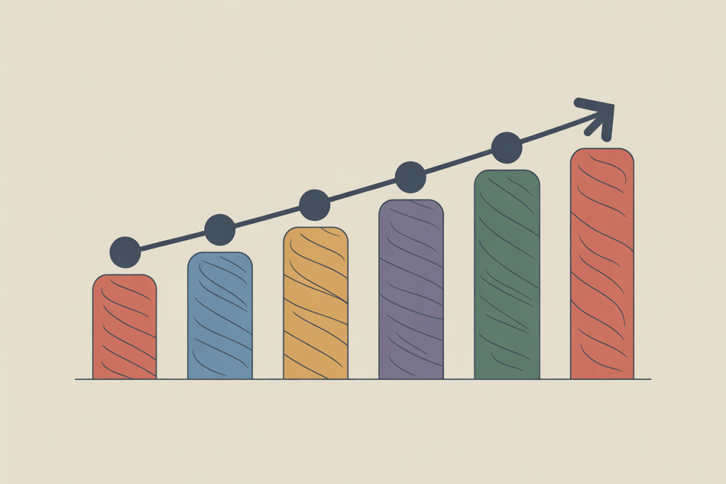 베이지색 배경에 6개의 다양한 색상(빨강, 파랑, 노랑, 보라, 녹색, 빨강) 세로 막대가 점진적으로 높아지며, 각 막대 위에 점이 찍힌 상승 추세선이 그어져 있는 성장과 발전을 나타내는 간단한 막대 차트 일러스트레이션