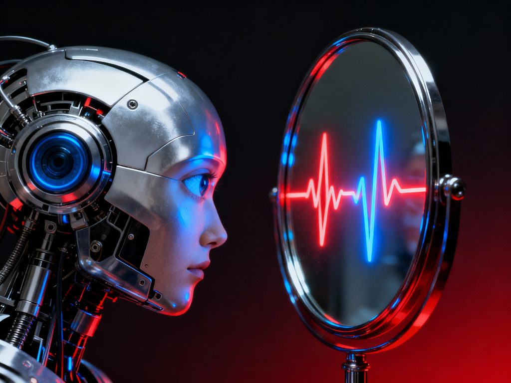 로봇이 심전도 신호가 비친 거울을 바라보는 모습