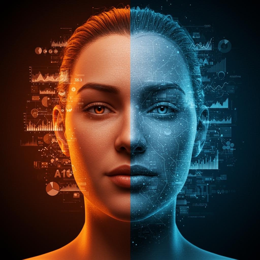 절반이 인간, 절반이 인공지능으로 표현된 여성 얼굴