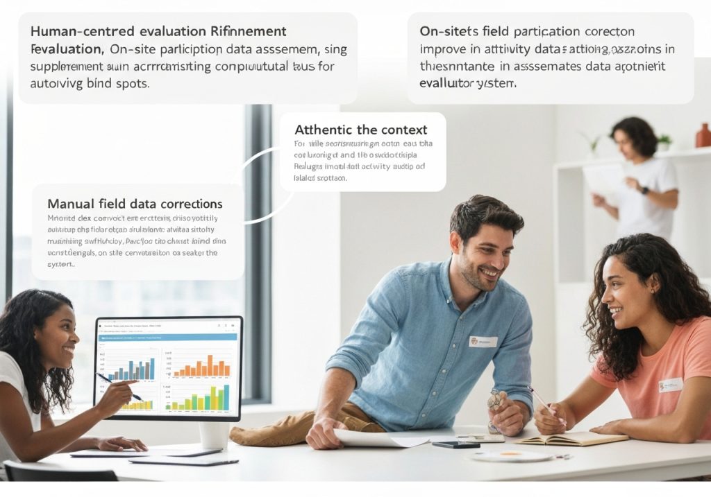 밝은 사무실 배경에서 세 명의 동료들이 테이블에 앉아 노트북과 차트를 보며 협업하고 있고, 위쪽에는 'Human-centered evaluation Refinement', 'Manual field data corrections', 'Authentic the context', 'On-sitets field participation corrector' 텍스트 박스들이 있는 인간 중심 데이터 평가 및 현장 참여 개선 프로세스 설명 이미지