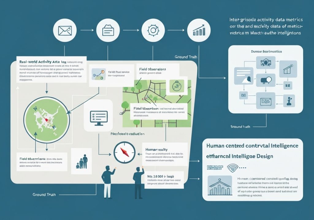 청록색 배경에 상단에는 이메일, 아카이브, 설정, 차트 아이콘들이 순서대로 배치되어 있고, 중앙에는 'Real-world Activity Data'와 'Field observations' 섹션이 있으며, 오른쪽에는 'Human centered contractual Intelligence' 박스가 있는 데이터 수집 및 AI 통합 시스템 플로우차트