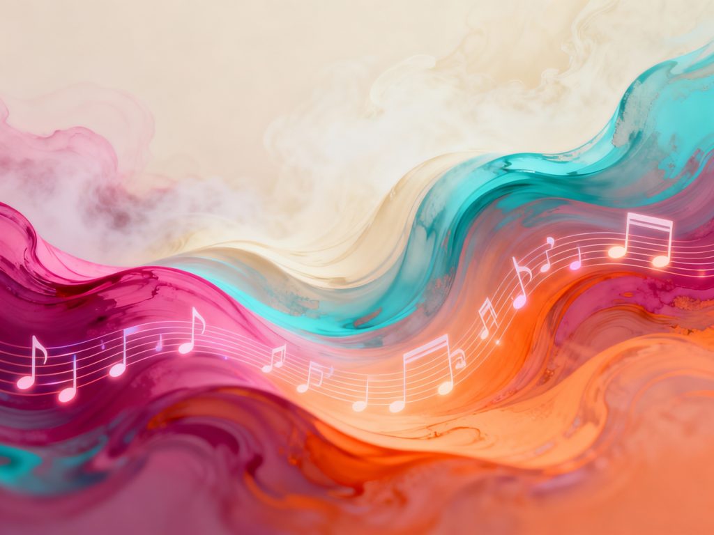 물감이 흐르는 듯한 배경에 떠 있는 음악 음표