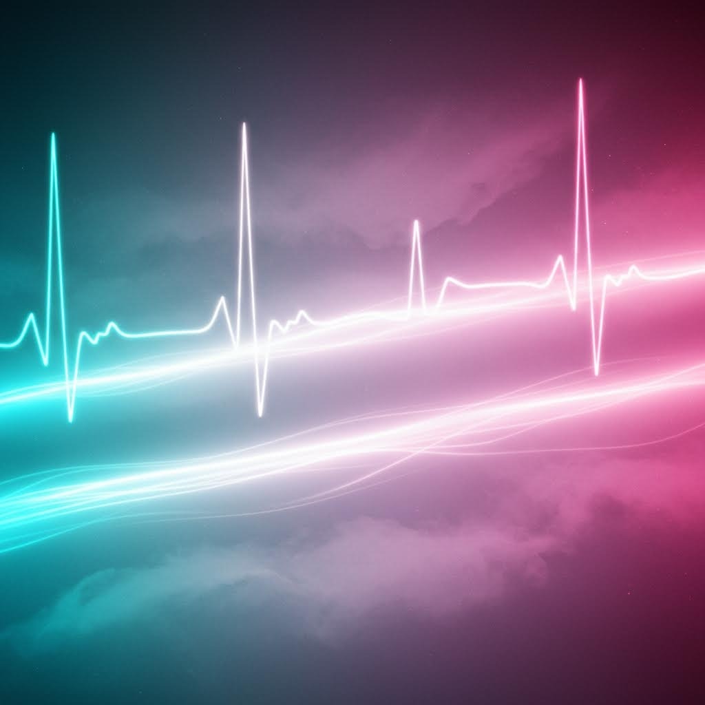 핑크와 청록빛이 어우러진 심장 박동선 그래픽