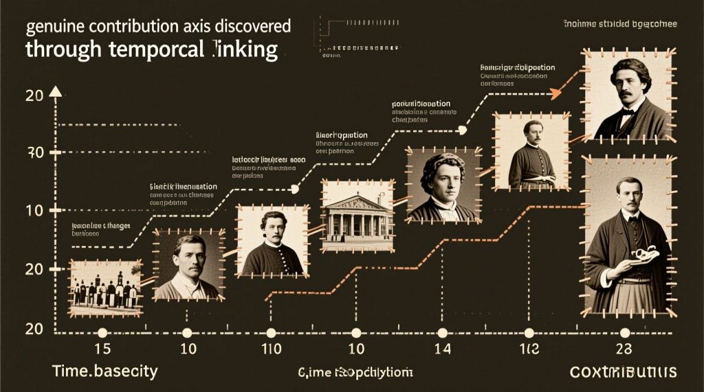 'genuine contribution axis discovered through temporal linking' 제목 아래 어두운 배경에 시간축을 따라 배치된 빈티지 인물 사진들과 건물이 있고, 상승하는 추세선과 함께 시대별 기여도 변화를 보여주는 역사적 데이터 시각화 타임라인