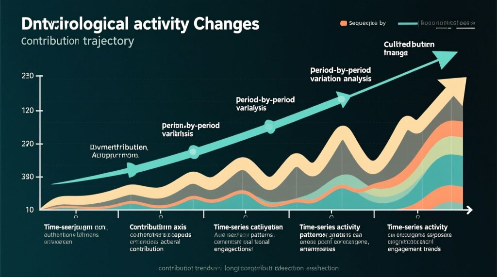 'Dntveirological activity Changes' 제목의 청록색 배경에 여러 색상으로 층을 이룬 면적 차트가 있고, 위쪽에는 직선형 추세선과 화살표들이 있어 시간 경과에 따른 기여도 궤적 변화를 나타내는 복합 데이터 분석 차트