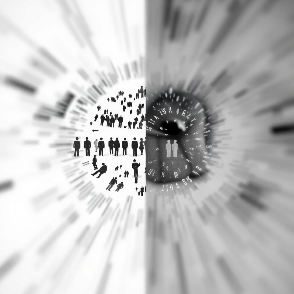 흑백 이미지로 중앙에 시계와 여러 사람 실루엣들이 방사형으로 흩어져 있고, 주변에서 바깥쪽으로 뻗어나가는 모션 블러 효과가 있어 시간의 흐름과 사람들의 움직임을 추상적으로 표현한 개념적 이미지