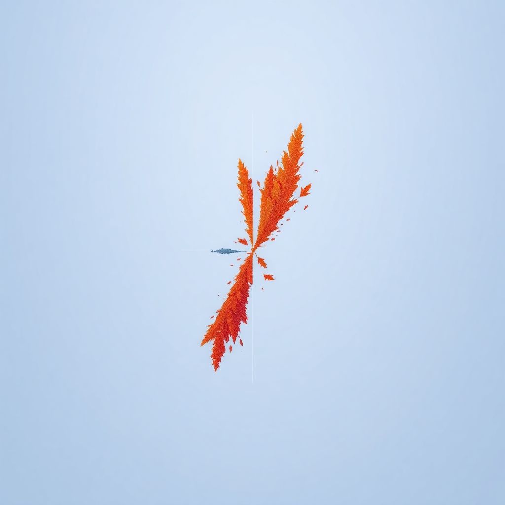 연한 하늘색 배경에 중앙의 붉은 깃털이 위아래로 분할되어 있고, 작은 입자들이 흩날리며 대칭적 구성을 이루어 변화, 분리, 또는 변혁의 순간을 상징하는 미니멀한 개념적 사진