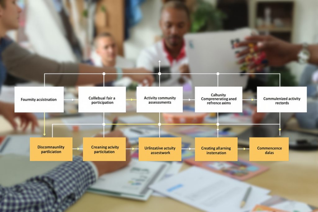 흐릿한 사무실 배경에서 여러 사람들이 테이블에 앉아 문서와 함께 작업하고 있으며, 상단과 하단에는 흰색과 노란색 텍스트 박스들이 플로우차트 형태로 연결되어 있는 협업 프로세스 워크플로우 설명 이미지