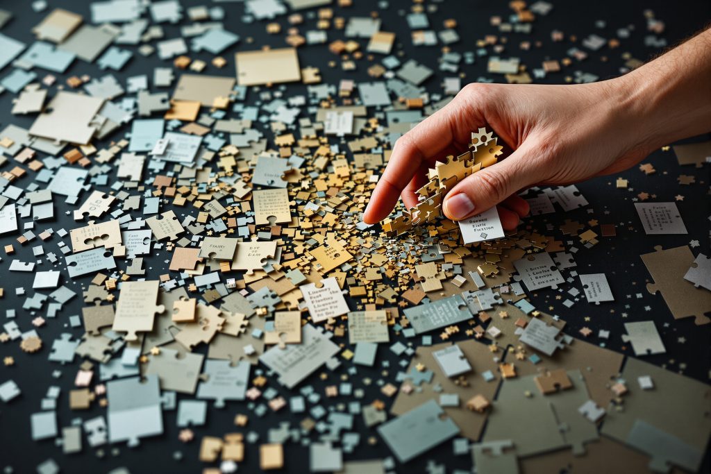 어두운 표면에 수많은 작은 퍼즐 조각들이 흩어져 있고, 오른쪽에서 손이 뻗어와 황금색으로 빛나는 몇 개의 조각을 집어 들고 있어 복잡한 문제 해결과 정확한 솔루션 찾기를 상징하는 개념적 사진