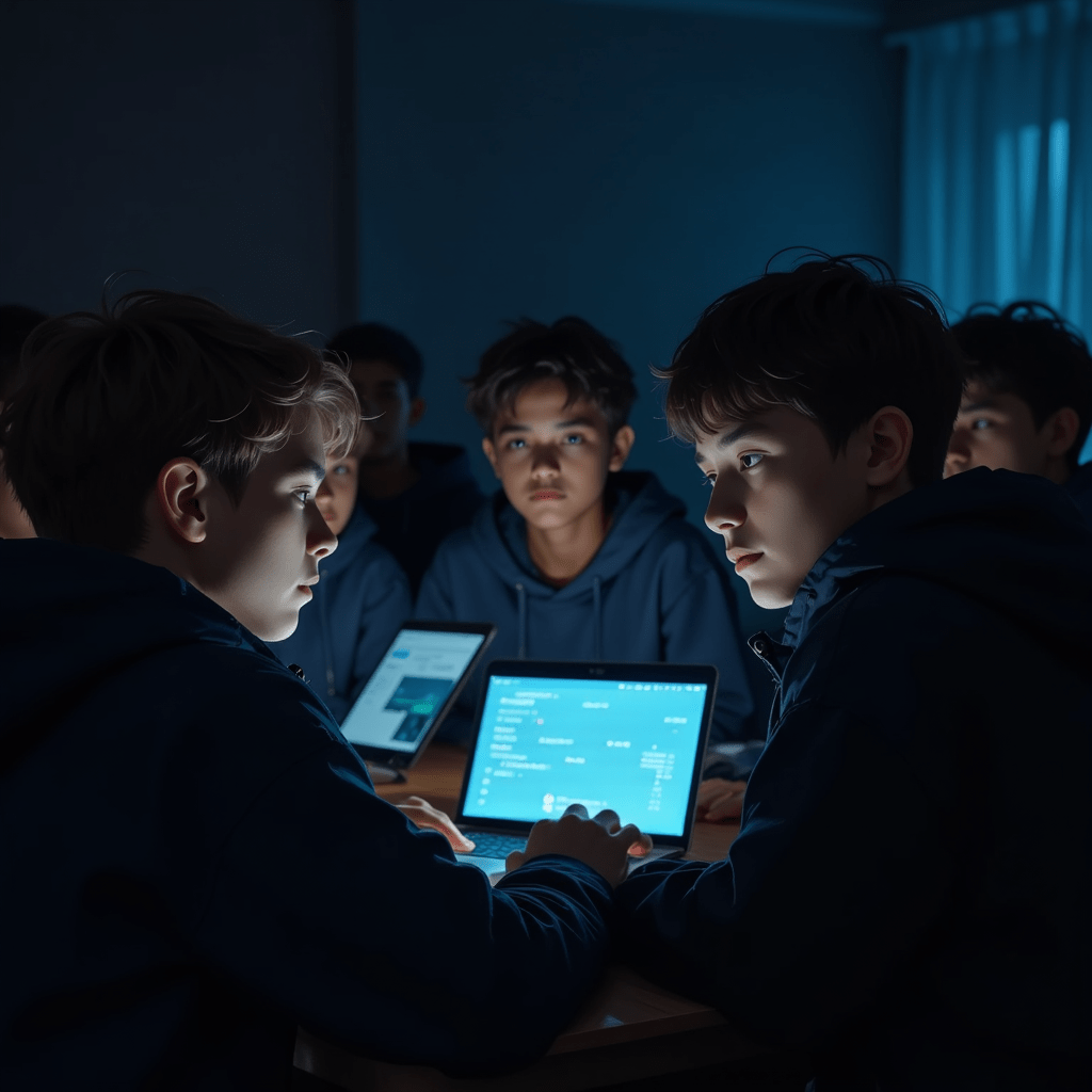 어두운 방에서 노트북을 사용하는 청소년들의 집중된 모습