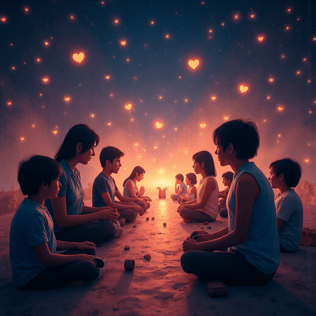 하트 불빛 아래 둘러앉은 사람들의 평화로운 모임