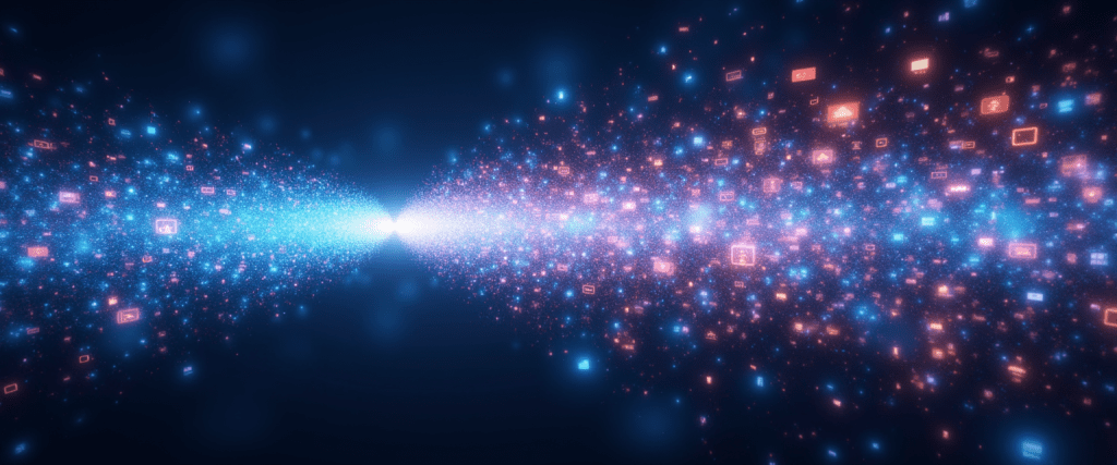 푸른빛과 분홍빛이 섞인 디지털 데이터 스트림의 흐름