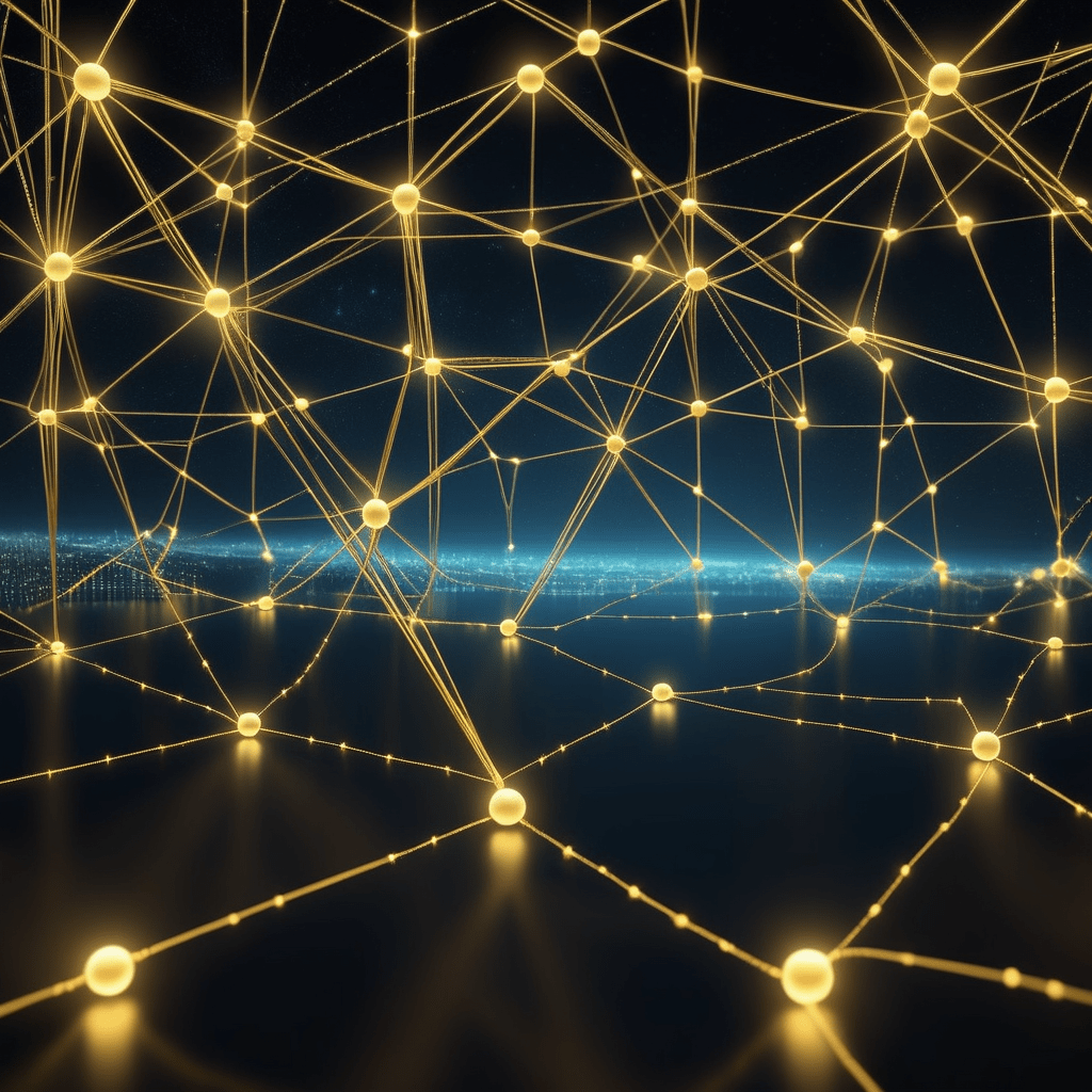 밤하늘을 배경으로 연결된 황금빛 네트워크 구조