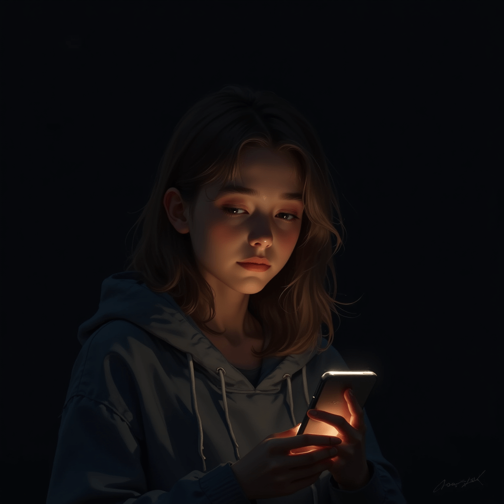 스마트폰 화면 빛을 바라보는 소녀의 고요한 표정