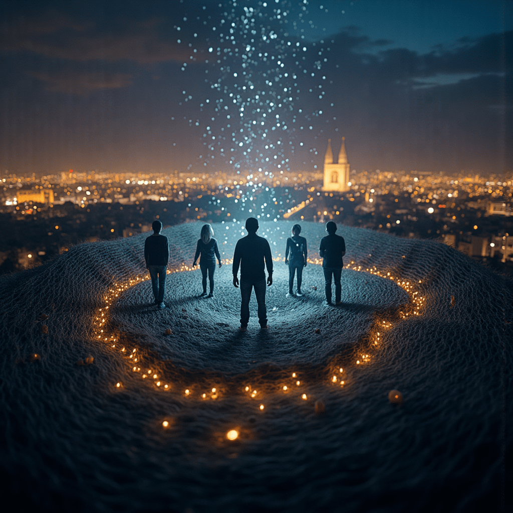 도시를 배경으로 빛의 중심에 모인 사람들