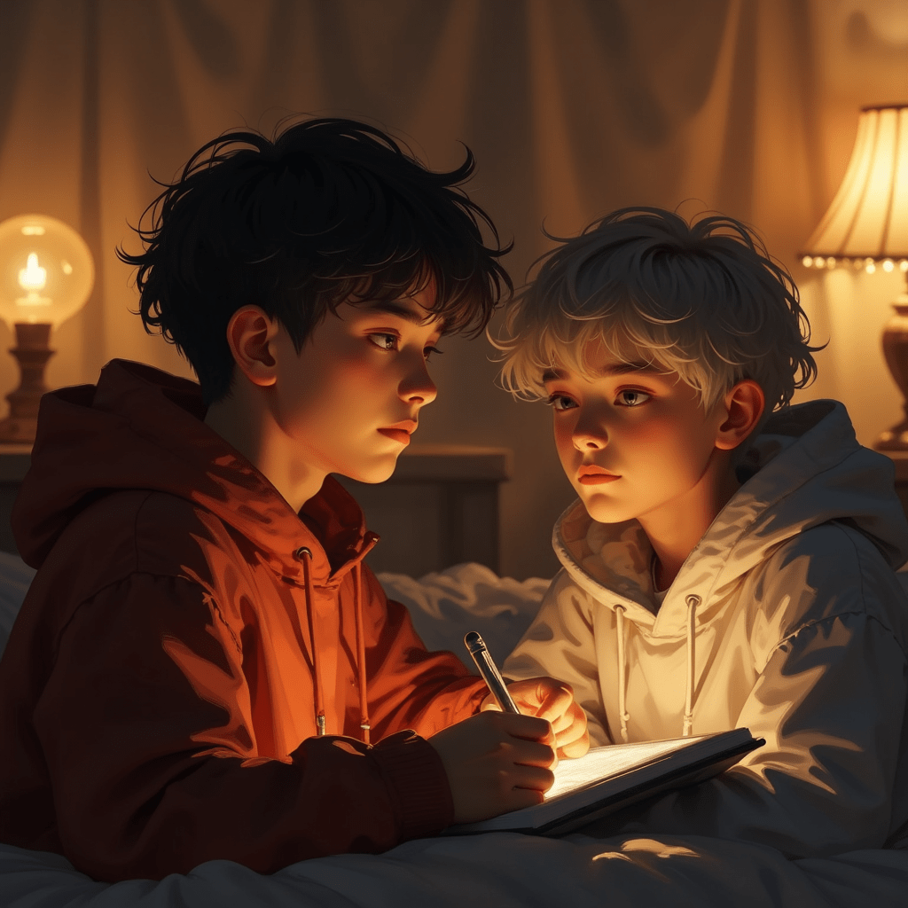 따뜻한 조명 아래 노트에 집중하는 두 소년