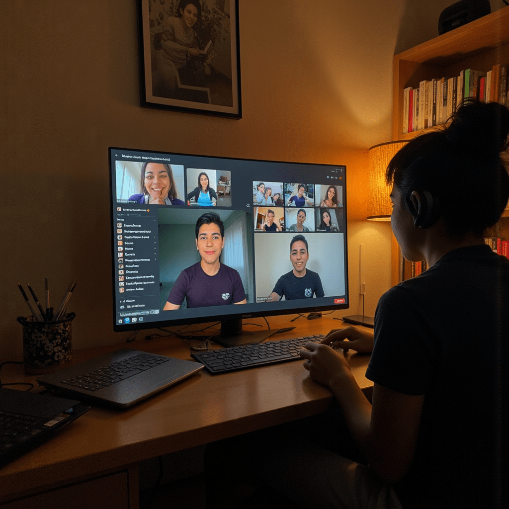 온라인 화상 회의에 참여 중인 사람의 작업 공간