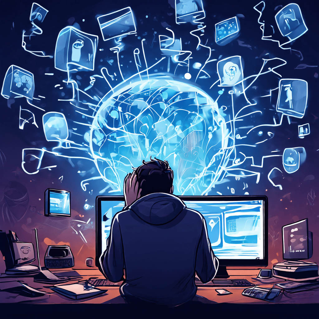 얼어붙은 컴퓨터 화면을 보며 머리를 짚고 좌절하는 사람 위로, 동영상과 오디오 게임 등이 끊어진 연결 아이콘.