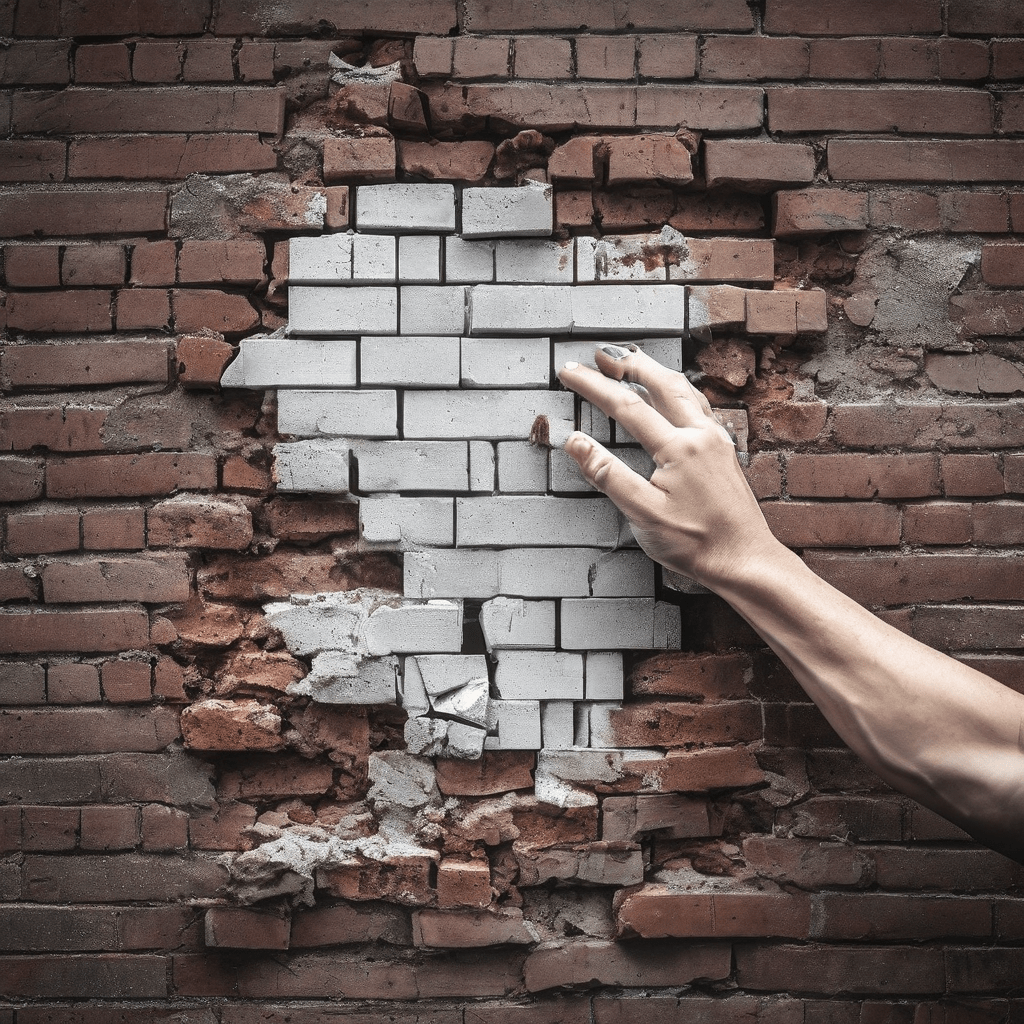 푸른색 디지털 손이 금이 간 붉은 벽돌을 스캔한 후 손상된 벽돌을 새것으로 교체하는 모습이다.