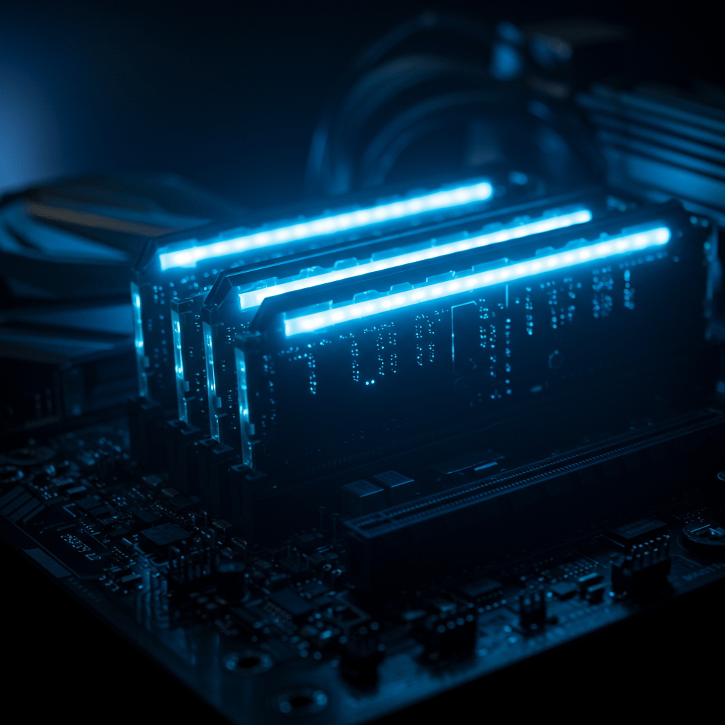 LED 조명이 들어온 고성능 RAM 모듈이 메인보드에 장착된 컴퓨터 하드웨어 클로즈업