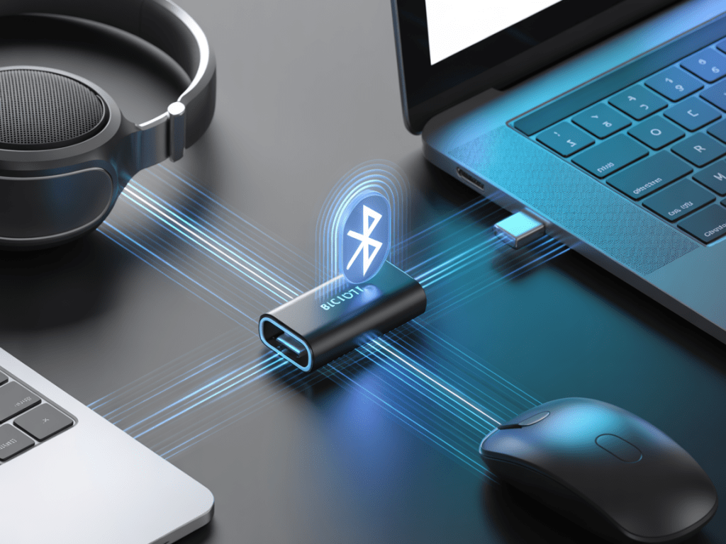 노트북과 헤드셋, 마우스 사이에서 블루투스 동글이 무선 연결을 중계하는 장면