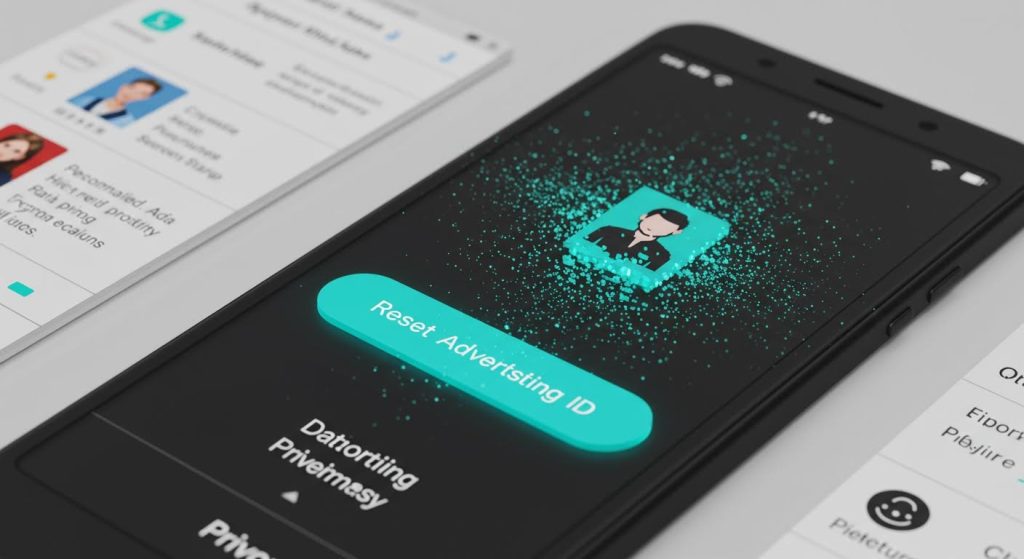 광고 식별자 재설정 화면이 열린 스마트폰이 테이블 위에 놓여 있는 장면이다