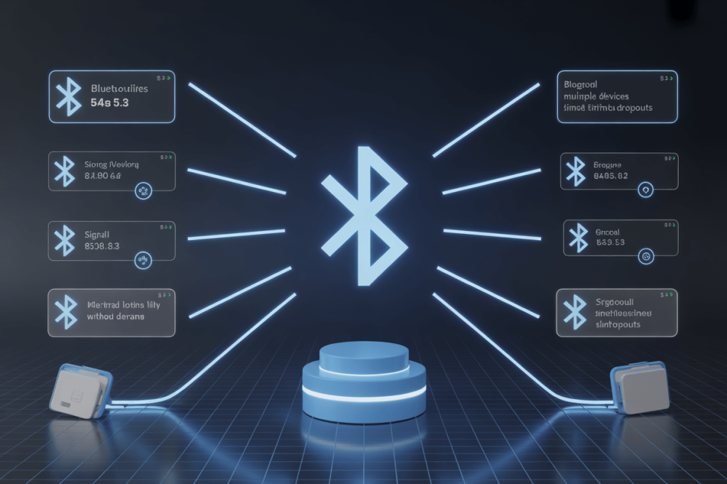 블루투스 기술의 다양한 기능과 장점이 아이콘 형태로 표시된 무선 연결 개념 그래픽