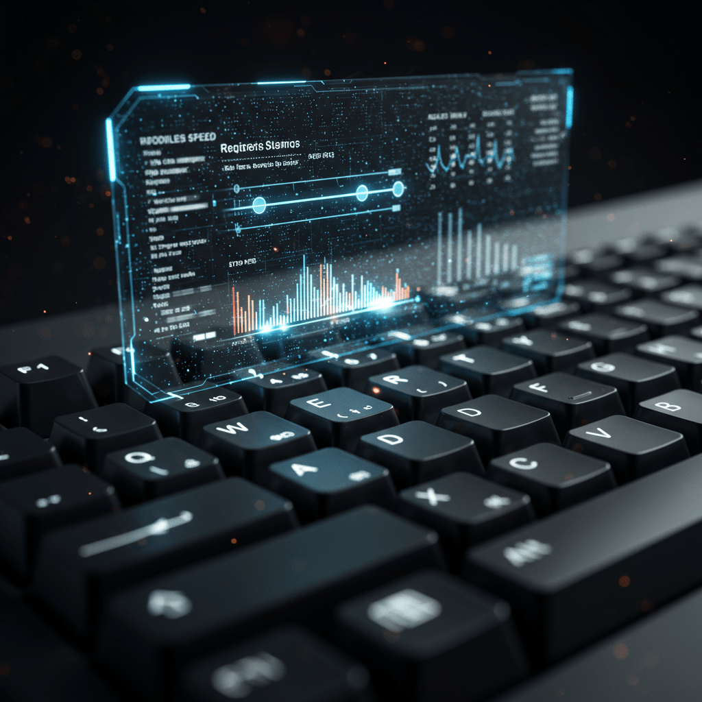 키보드 위에 데이터 분석 차트와 그래프 hologram이 떠 있는 PC 성능 모니터링 화면