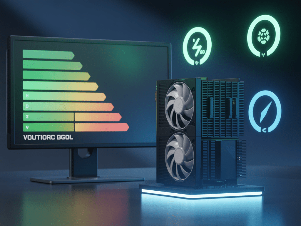 에너지 효율 지표와 함께 듀얼 팬 GPU가 배치된 PC 하드웨어 성능 평가 화면