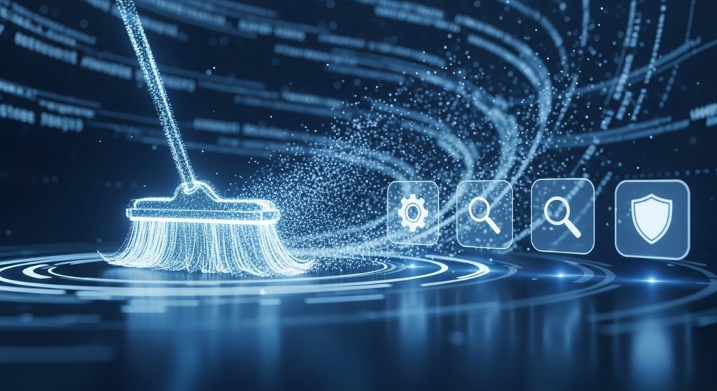 디지털 빗자루가 데이터 흔적을 쓸어내는 듯한 보안 정리 콘셉트 이미지이다