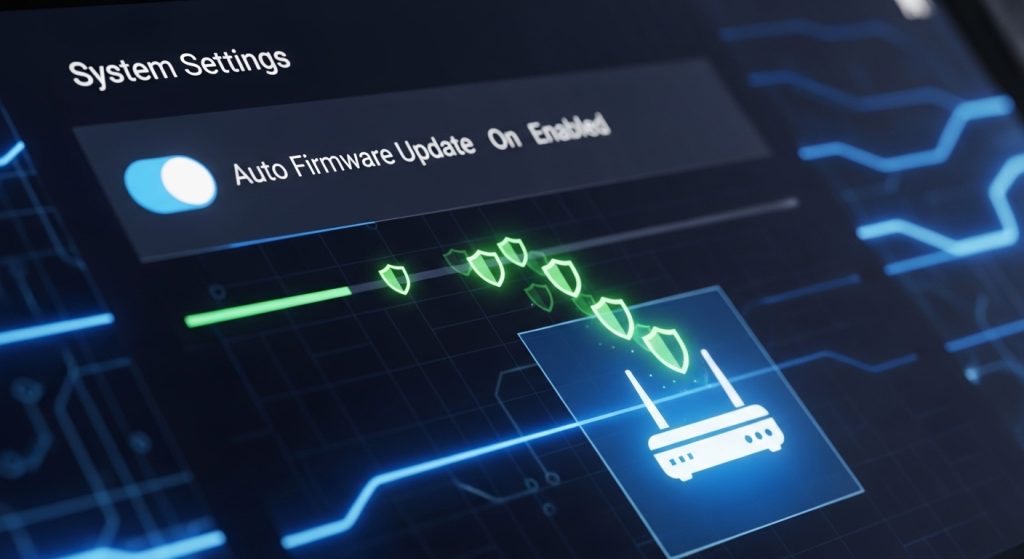 자동 펌웨어 업데이트가 활성화된 설정 화면과 공유기 아이콘이 표시된 이미지이다