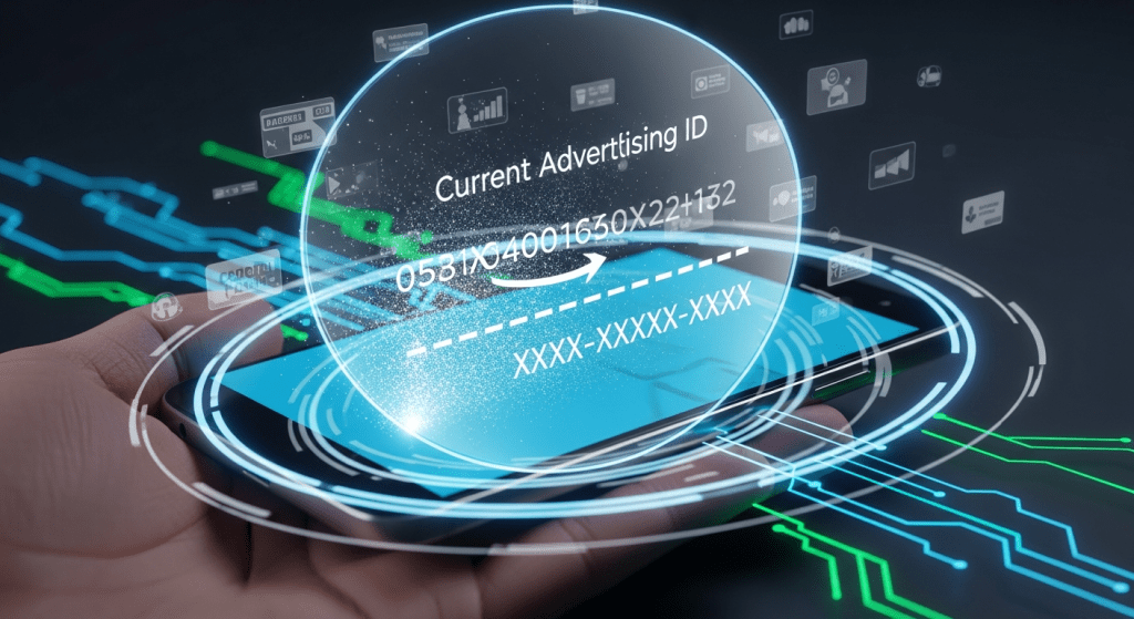 손바닥 위의 스마트폰에서 광고 ID 정보가 홀로그램으로 떠오르는 모습이다