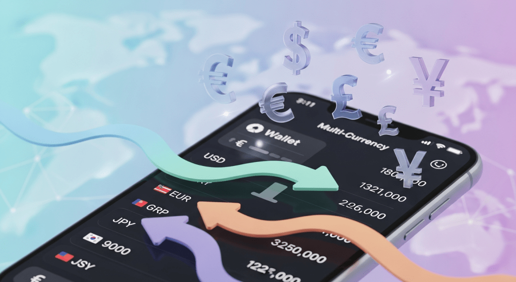 스마트폰 월렛 앱에서 여러 통화 아이콘이 환율 흐름과 함께 떠있는 다중통화 지갑 UI