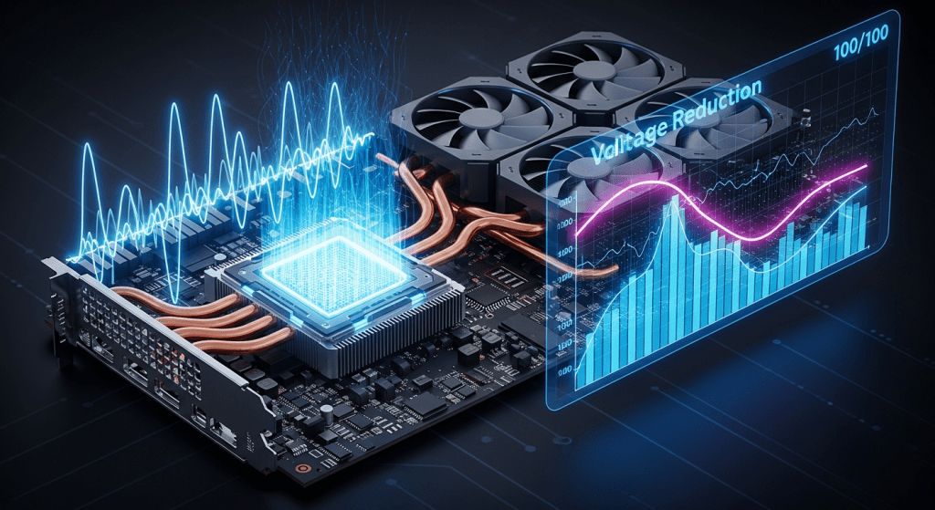 전압 감소 및 성능 변화를 그래프로 보여주는 GPU 또는 CPU 쿨링·튜닝 시각화 이미지