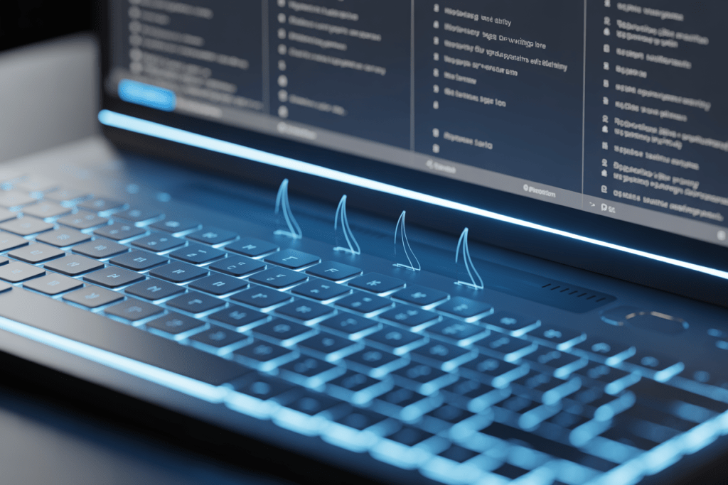 노트북 키보드 위로 열기가 상승하는 이펙트가 표현된 발열 및 쿨링 성능 묘사 이미지