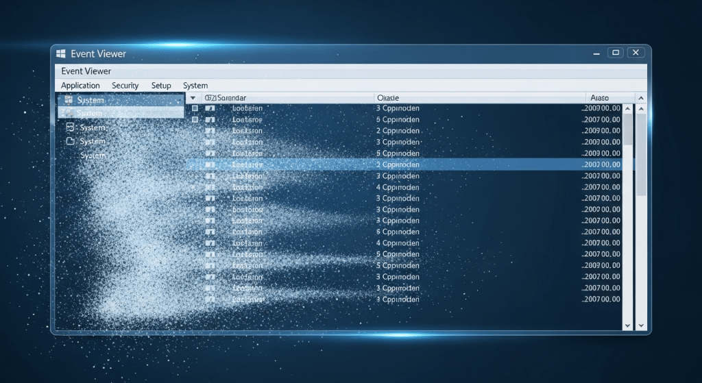 이벤트 뷰어 창의 목록이 사라지듯 흐려지며 표현된 화면이다