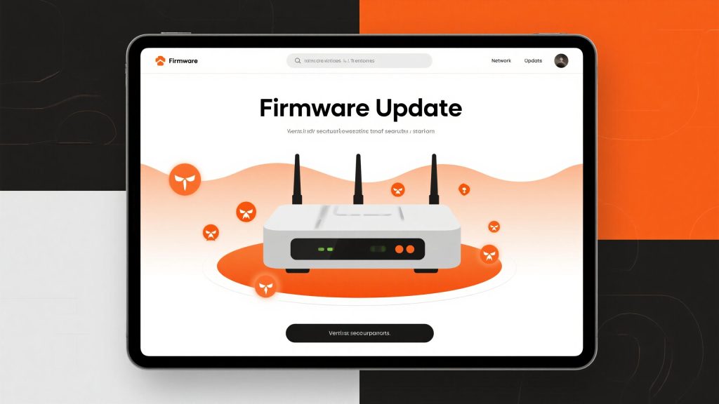 펌웨어 업데이트 안내 화면과 함께 공유기 그림이 강조된 태블릿 장면이다