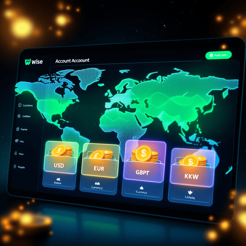 USD·EUR·GBPT·KKW 등 통화별 잔액이 표시된 Wise 계정의 글로벌 멀티커런시 관리 화면