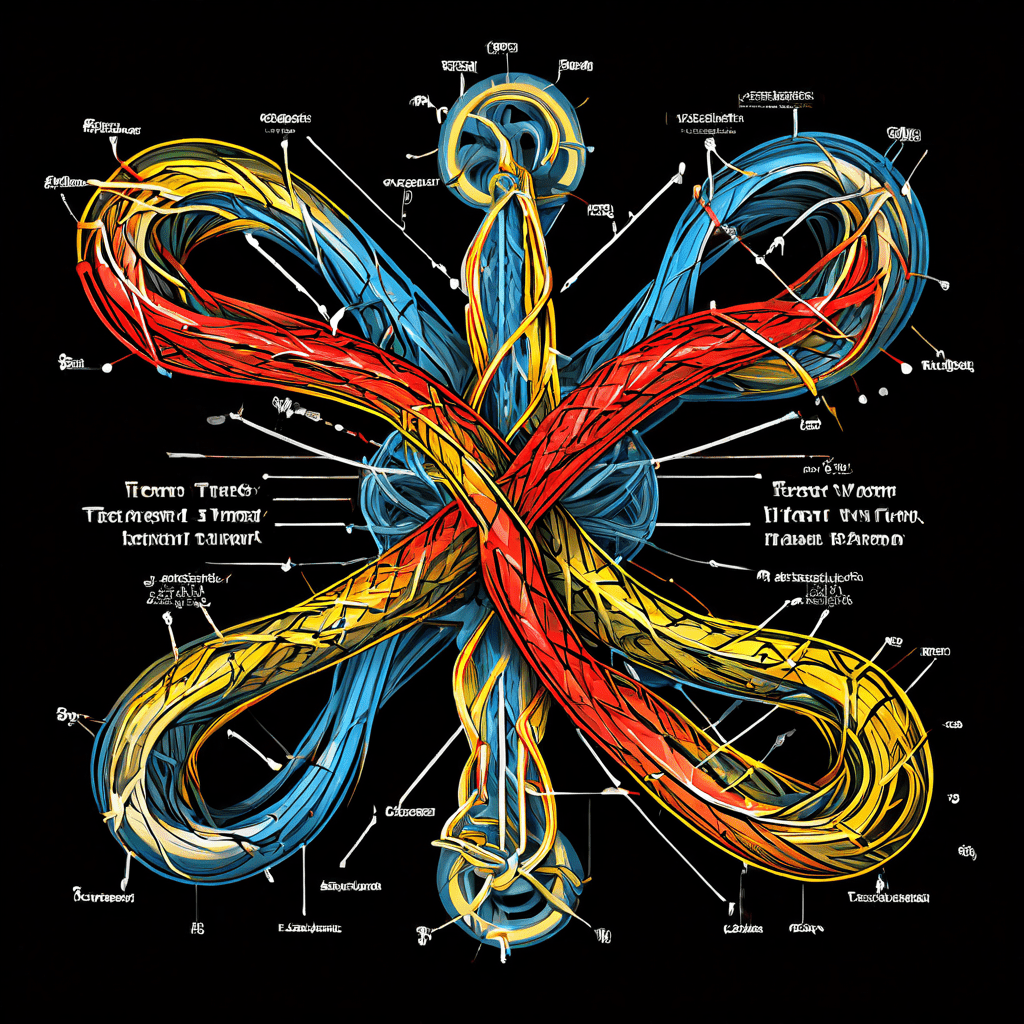 이안 매듭의 해부학적 구조를 벡터와 장력 지점이 표시된 선명한 도해로 표현한 모습이다.