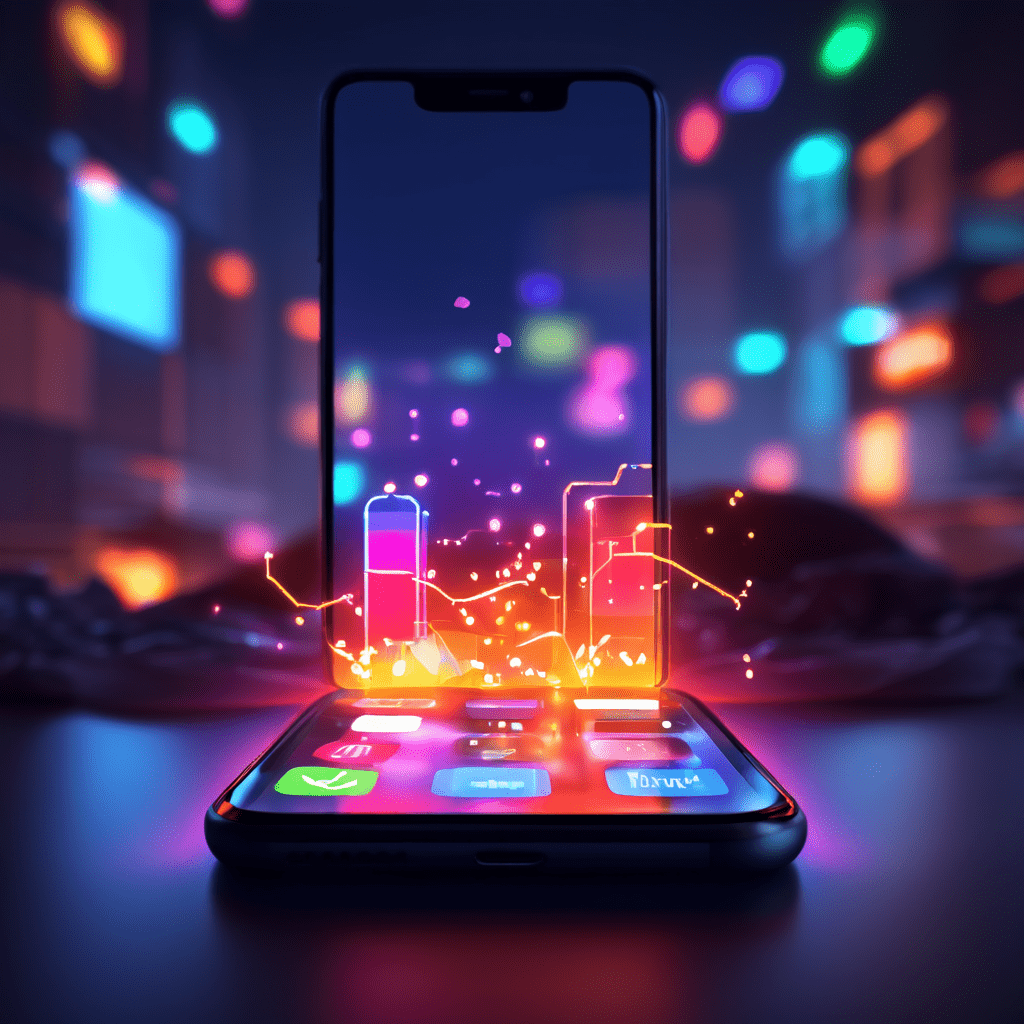 밝게 빛나는 스마트폰 화면에서 한 개의 앱이 활발히 실행되는 반면, 어둡고 많은 백그라운드 앱들이 빛나는 배