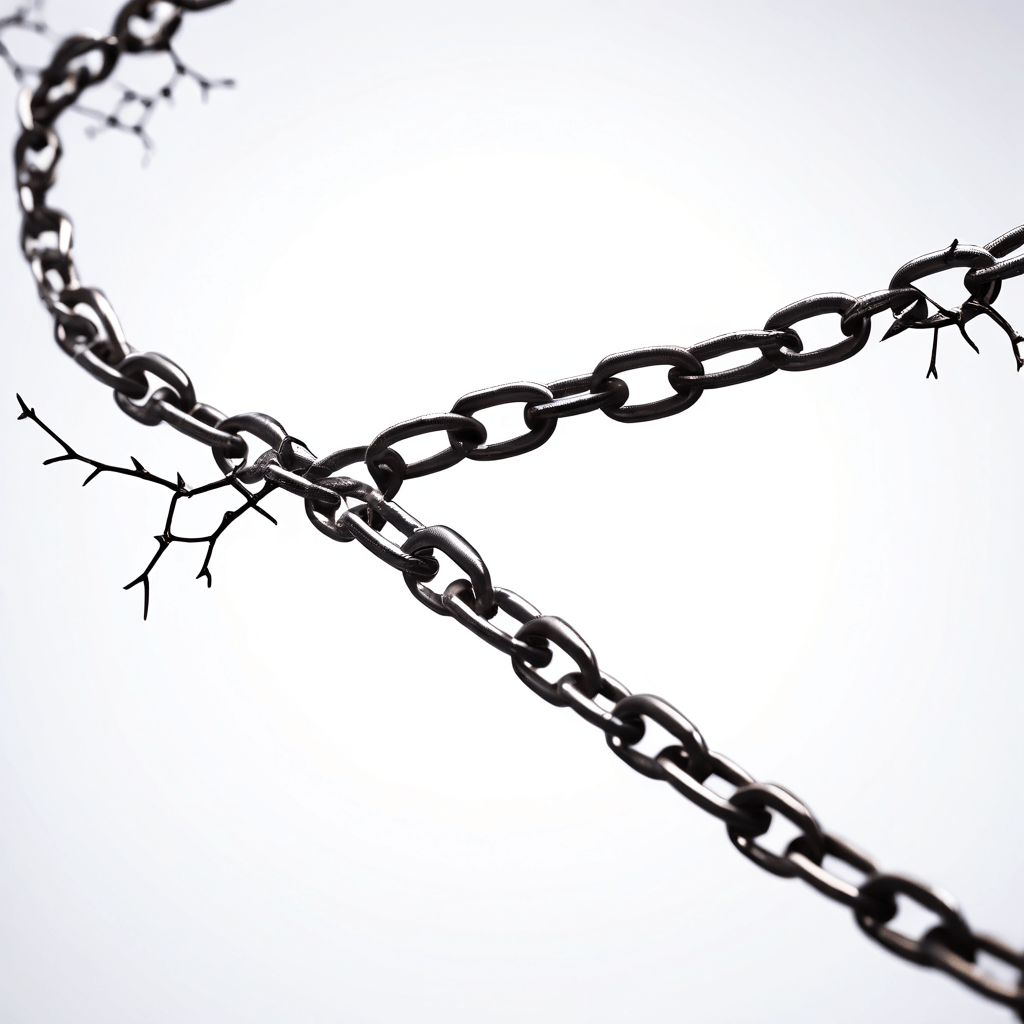 시스템 실패의 각 단계가 고리로 연결된 취약한 네트워크가 압력을 이기지 못하고 균열이 가는 개념적 이미지로, 전체적인 체인의 붕괴를 초래하는 연쇄적 시스템 장애를 시각화한 그림입니다.